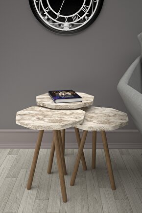 Ahşap Ayaklı Zigon Sehpa 3lü Beyaz Siyah Mermer Desenli Efes Çokgen