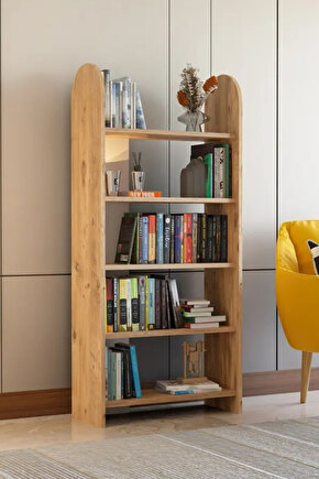 5 Raflı Oval Kitaplık Açık Raflı Kütüphane Atlantik Çam