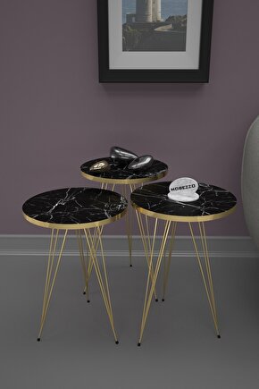 3lü Zigon Sehpa Gold Metal Ayak Siyah Mermer