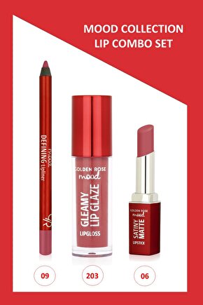 Mood Lip Combo Set - Defining Dudak Kalemi No:09 - Satiny Matte Ruj No:06 - Gleamy Dudak Parlatıcısı