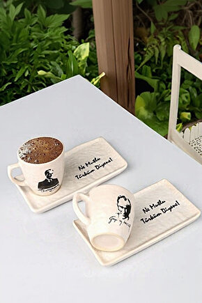 2 Kişilik Atatürk Desenli İmzalı Tepsili Kahve Fincan Takımı 4 Parça