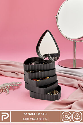 Çizgili Desenli Kalpli Mina 5 Katlı Aynalı Takı Organizeri Siyah Renk - Aynalı Takı Organizeri