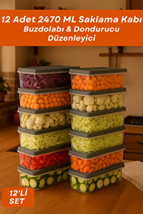 12li Buzdolabı Organizer Set Düzenleyici Saklama Kabı Derin Dondurucu Mikrodalga Difriz Antrasit