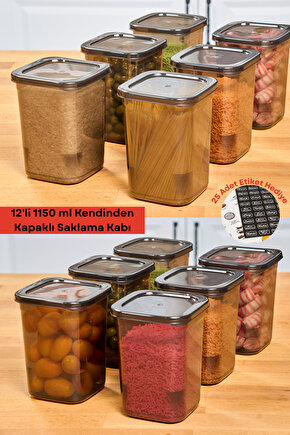 12 Adet 24 Parça Etiketli Kendinden Kapaklı Erzak Dondurucu Baharat Saklama Kabı Seti 1,15 Litre