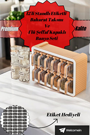 12li Standlı Kendinden Yapışkanlı Kapaklı Kaşıklı Baharatlık Takımı Ve 4lü Şeffaf Kapaklı Banyo Seti