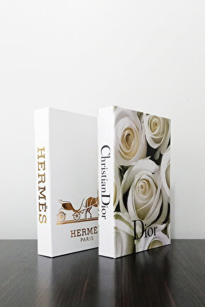 2li Dekoratif Kitap Kutu Görünümlü  Beyaz Yaldız &  Beyaz Gül Temalı