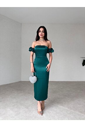 Straplez Kol Detaylı Yırtmaçlı Midi Boy Zümrüt Yeşili Şifon Elbise