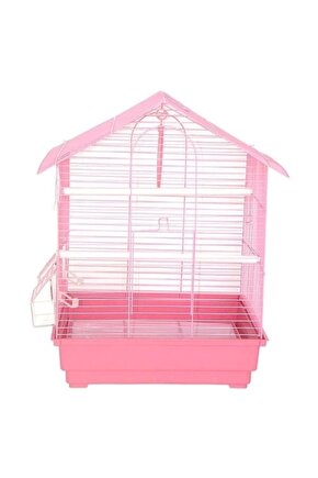 İki Kapılı Çatılı Muhabbet Kuşu Kafesi Pembe 35x28x46 Cm