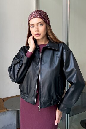 Yakalı Suni Deri Bomber Ceket