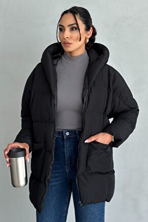 Puffer Yarasa Şişme Siyah Oversize Mont