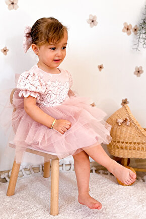 Kız Bebek Elbise Kız Çocuk Elbise Doğum Günü Parti Düğün Elbise Dantelli Kısa Kol Astarlı Elbise