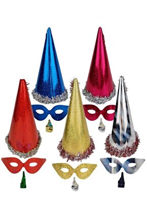 Saniye Törin 5li Renkli Yılbaşı Şapkası Maske Ve Düdük Seti Kağıt Üçgen Katyon Set Kaynana Dili