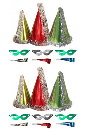 6 Adet Renkli 3Lü Yılbaşı Katyon Set; Parti Maskesi, Parti Gözlüğü ve Kaynana Dili