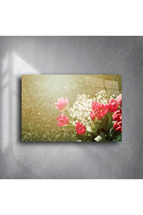 Pembe Laleler ve Bebek Nefesi Çiçekli Bahar Manzarası Duvar Tablosu