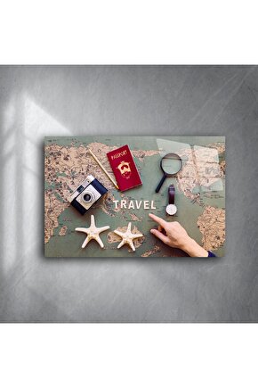 Vintage harita arka planlı seyahat temalı cam tablo