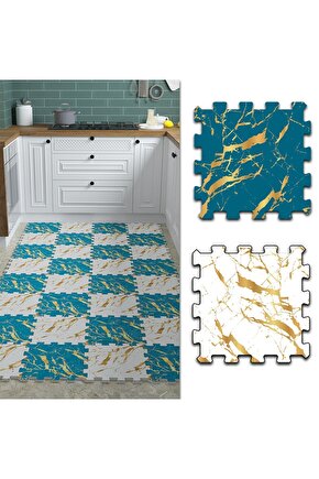 Mavi Beyaz Mermer Desenli Mutfak Halısı Thm27 | Yapboz Halı | Puzzle Halı