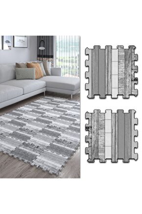 Döşeme Desenli Gri Dekoratif Salon Halısı Ths18b | Yapboz Halı | Puzzle Halı