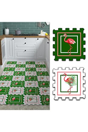 Leylekli Yeşil Beyaz Mutfak Halısı Thm10 | Yapboz Halı | Puzzle Halı