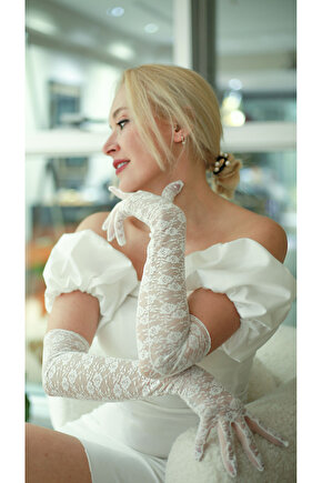 Uzun Beyaz Dantel Gelin Eldiveni