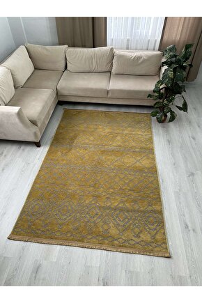 Modern İskandinav Desenli Yıkanabilir Kaymaz Dokuma Taban Şönil Halı Hardal