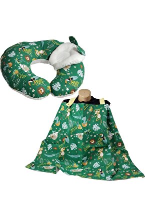 Emzirme Minderi, Emzirme Örtüsü, Düz Kafa Yastığı, Yeşil Figürlü 3 lü set Brimi Collection