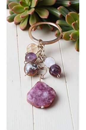 Doğal Taş Anahtarlık, Bolluk Bereket Anahtarlığı,lepidolit Ametist ,pembe Kuvars,kristal Kuvars