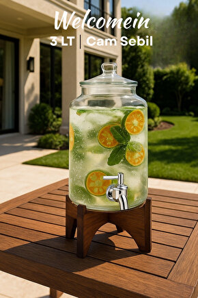 3 Litre Cam Sebil Musluklu İçecek Dispenseri Akasya Standlı Limonata & Soğuk İçecek Sürahi