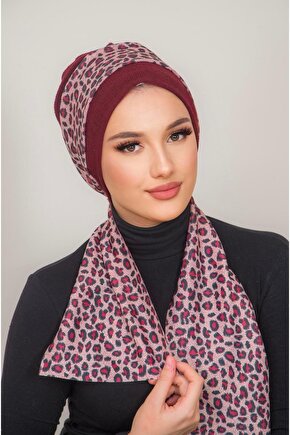 Bordo Leopar Desen Fularlı Bone