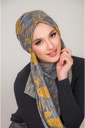 Gri Hardal Desen Kelebek Model Büzgülü Bone Şal