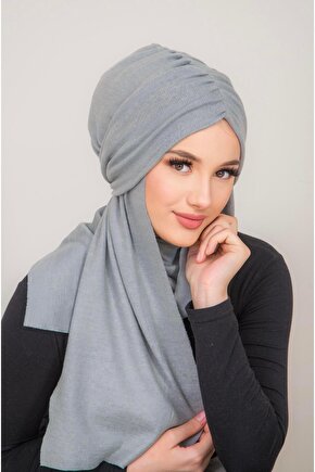 Gri Triko Kelebek Model Büzgülü Bone Şal