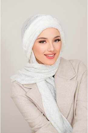 Beyaz Triko Kürklü Kelebek Bone Şal