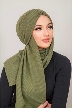 Haki Triko Kelebek Model Büzgülü Bone Şal