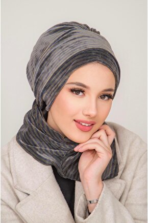 Antrasit Çizgili Kadife Atkılı Tesettür Bone