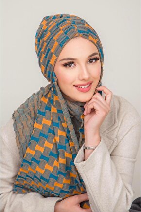 Antrasit Hardal Desenli Kelebek Model Büzgülü Bone Şal