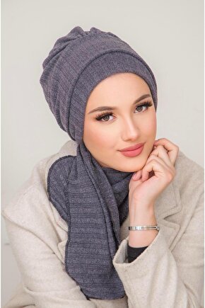 Koyu Gri Triko Atkılı Tesettür Bone