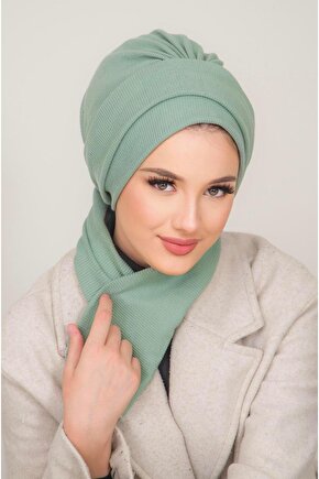 Pastel Yeşil Atkılı Tesettür Bone