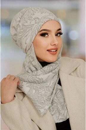 Gri Beyaz Desenli Kışlık Kelebek Bone Şal