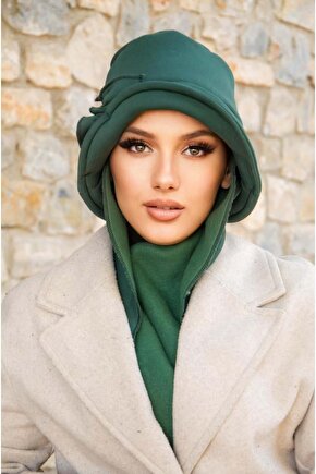 Zümrüt Yeşili Aksesuarlı Vintage Şapka