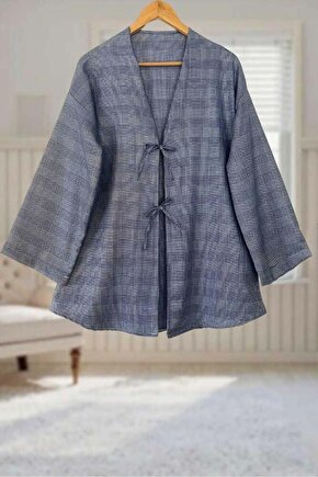 Mavi Ekose Önü Bağlamalı Kimono Tunik  85 CM BOY