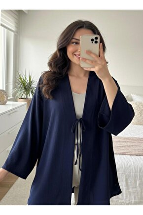 Lacivert Önü Bağlamalı Kimono Tunik Likralı Yazlık Kumaş
