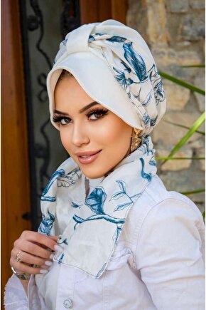 Beyaz Lacivert Yaprak Şapkalı Bone