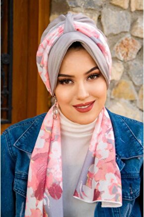 Gri Pudra Çiçekli Şapka Bone