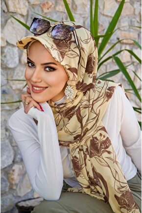 Uçuk Sarı kahve Desen Kepli Bandana Şapka Şal