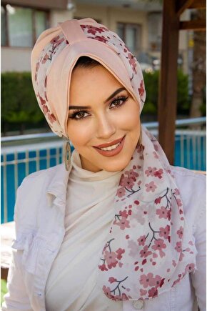 Pudra Çiçek Desen Fularlı Şapka Bone