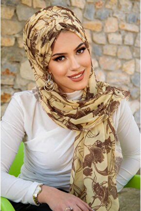 Uçuk Sarı Kahve Çiçek Desen Hazır Şal