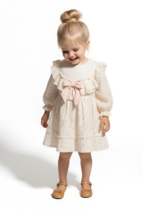 Kız Bebek Elbise Kız Çocuk Elbise Puanlı Doğum Günü Parti Düğün Özel Gün Uzun Kol Fiyonk Astarlı