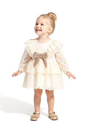 Kız Bebek Elbise Kız Çocuk Elbise Yakalı Doğum Günü Parti Düğün Özel Gün Uzun Kol Fiyonklu Astarlı