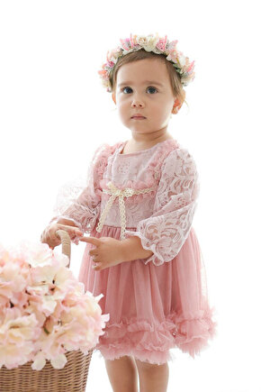 Kız Bebek Elbise Kız Çocuk Elbise Doğum Günü Parti Düğün Elbise Dantelli Uzun Kol Astarlı Elbise