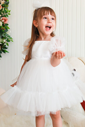 Kız Bebek Elbise Kız Çocuk Elbise Doğum Günü Parti Düğün Elbise Dantelli Kısa Kol Astarlı Elbise