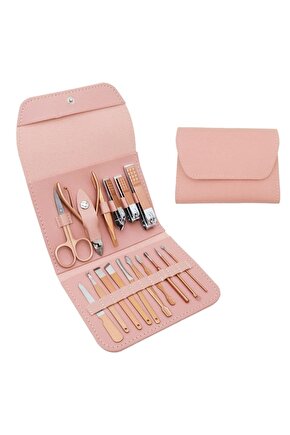 16 Parça Profesyonel Çelik Paslanmaz Deri Çantalı Manikür Pedikür Tırnak Yüz Bakım Seti -pudra Pembe